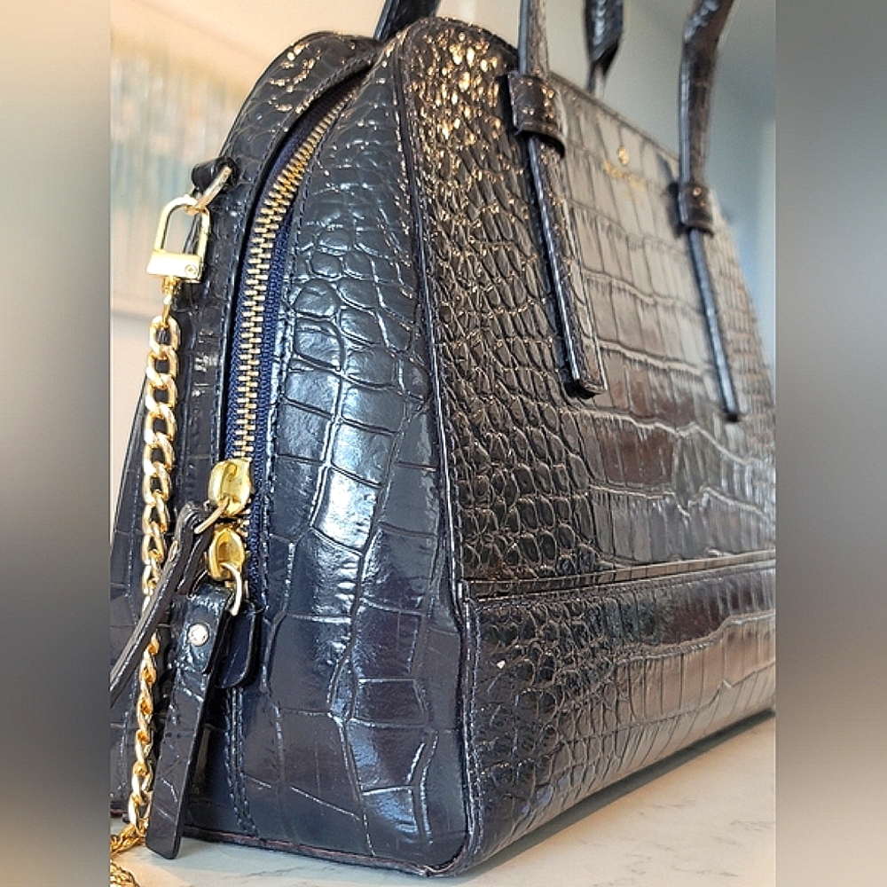 Kate Spade Felix Riverside Street Croc-Embossed Leather Handbag Navy Blue - Picture 2 of 16